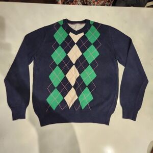 American Eagle Outfitters Argyle V Neck Sweater Navy Green Pink Women Medium